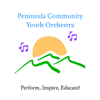 Peninsula Community Youth Orchestra sticker: sun over green mountains with music notes. Perform, Inspire, Educate!